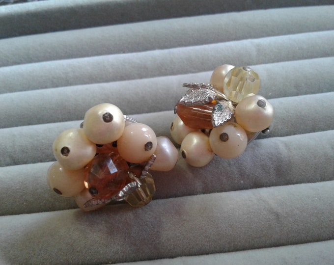 Laguna  Beaded Cluster Clip On Earrings with Faux Pearl, Green and Brown Crystal, and Silvertone Leaves, Signed