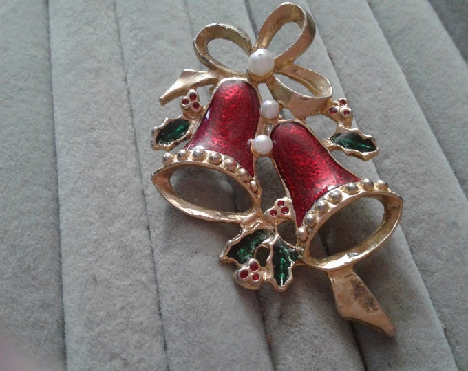Vintage Goldtone and Red Enamel Christmas Bells with Holly and Faux Pearl Brooch, C Clasp