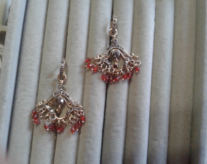 Monet Goldtone, Marcasite, and Red Crystal Dangling Chandelier Earrings, Signed