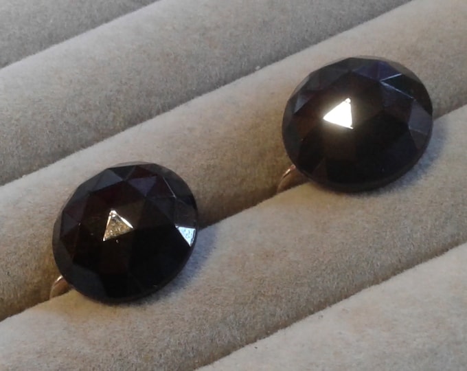 Sterling Silver Facedeted Black Glass Button Screwback Earrings