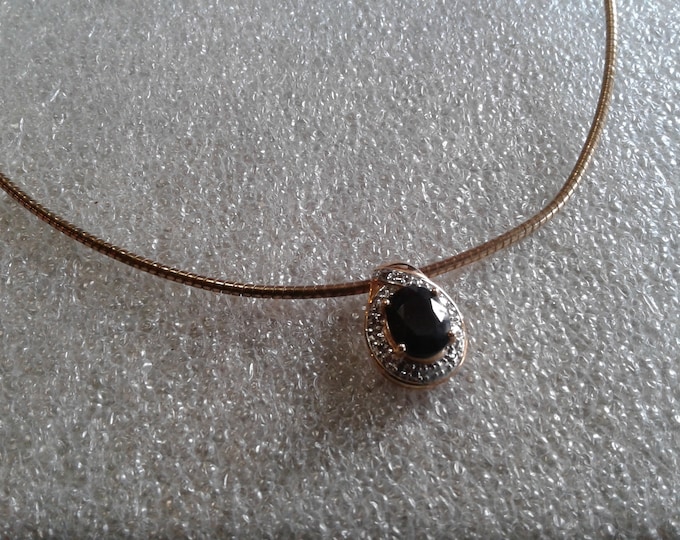 Midnight Sapphire, Diamond, and Vermeil Sterling Silver Pendant, Marked 925 China, on Vermeil Omega Chain, Marked 925 Italy