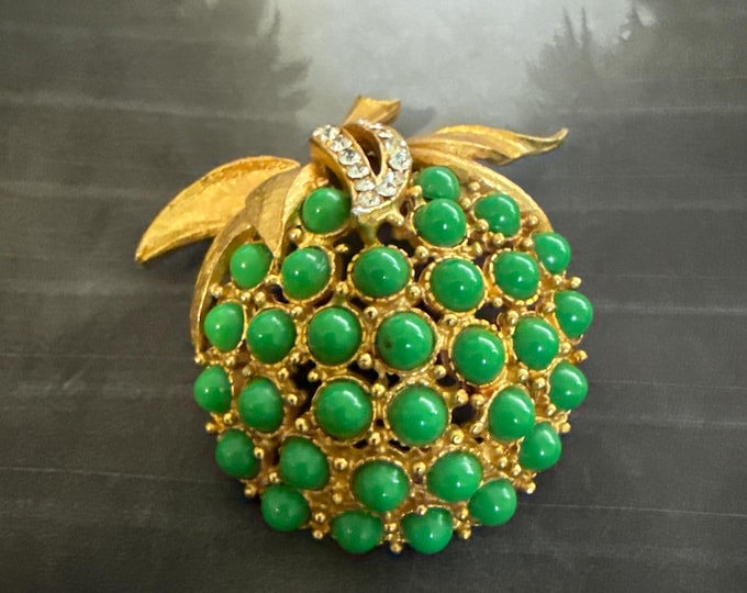 Florenza Large Apple Brooch in Goldtone with Faux Jade and Rhinestones, Signed