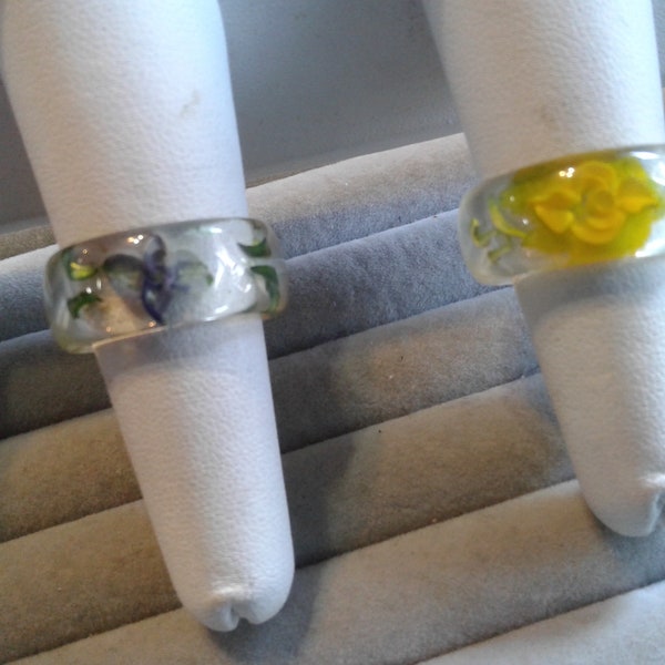 Reverse Carved and Painted Lucite Floral Band Rings, Size 7.5, Sold Separately, Blue or Yellow