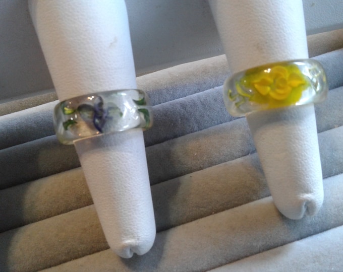 Reverse Carved and Painted Lucite Floral Band Rings, Size 7.5, Sold Separately, Blue or Yellow