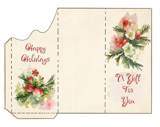 Floral Christmas Happy Holidays Money Holder Greeting Card Instant Download