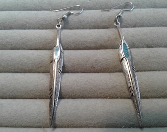 Silvertone and Turquoise Chip Inlay Long Skinny Feather Dangles, Maker's Mark, Dated '89