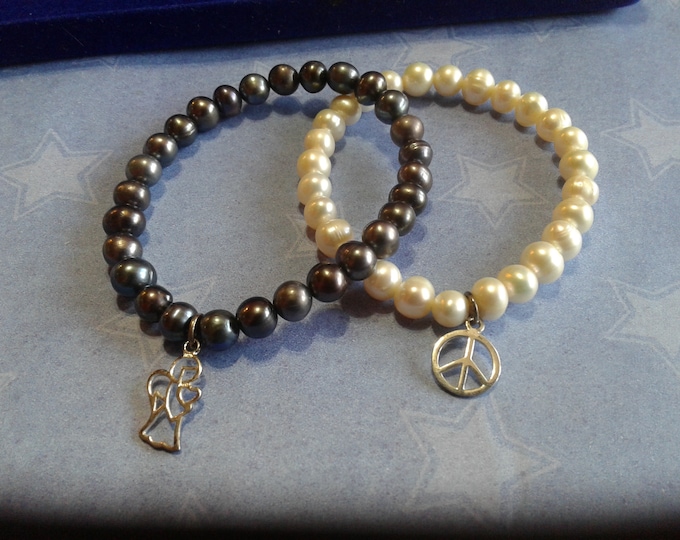 Freshwater Pearl and Sterling Silver Stretch Bracelets--White with Peace Sign and Gray with Angel Available
