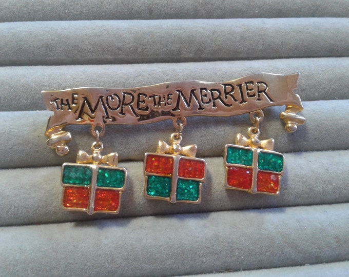 The More the Merrier Goldtone Banner with Dangling Glitter Enamel Presents Brooch