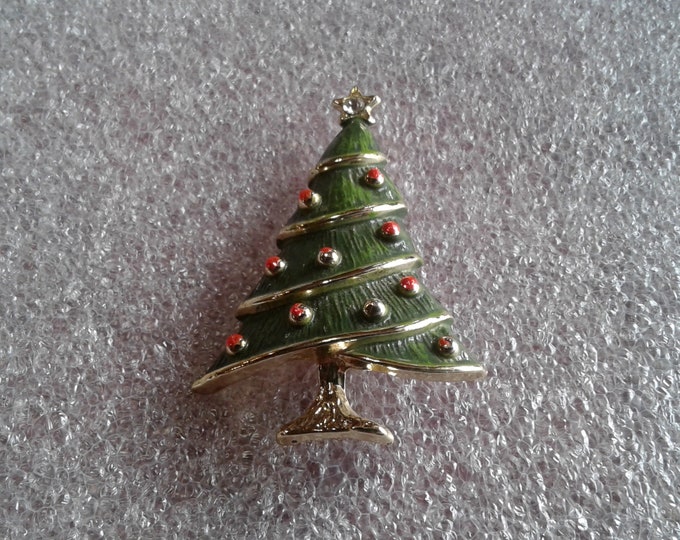 Beatrix Goldtone with  Red and Green Enamel Paint Christmas Tree Pin with Rhinestone Star, Signed BJ