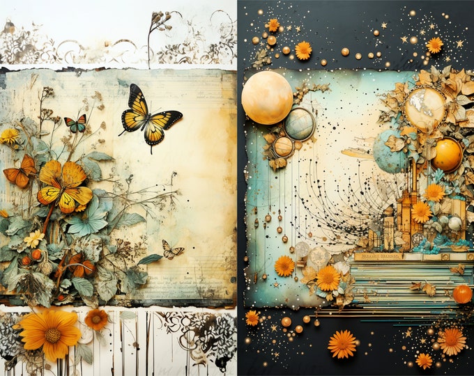 Birds and Butterflies Junk Journal Pages to Print at Home-- 10 Pages-- 5 Sheets