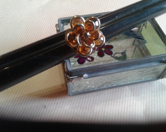 Goldtone Metal Cased Faceted Amber Rhinestone Floral Fashion Ring with Wide Band, Size 8