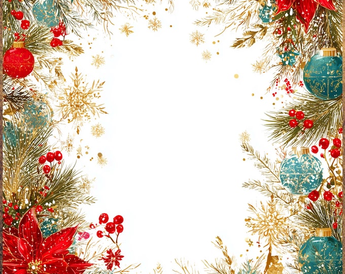 Poinsettia Charm Christmas Winter Holiday Bordered Digital Papers/Backgrounds for Instant Download