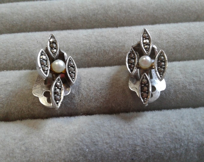 935 Silver, Marcasite, and Pearl Art Deco Revival Finely Made Lozenge Shaped Clip On Earrings, Unknown Hallmark/Maker's Mark, Likely Swedish