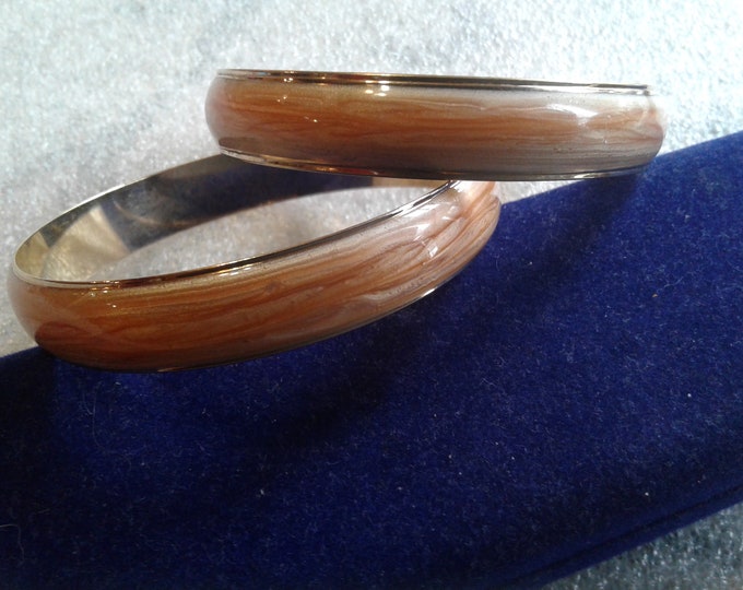 Avon Goldtone and Peach Swirled Pearlized Enamel Bangles, Two Available