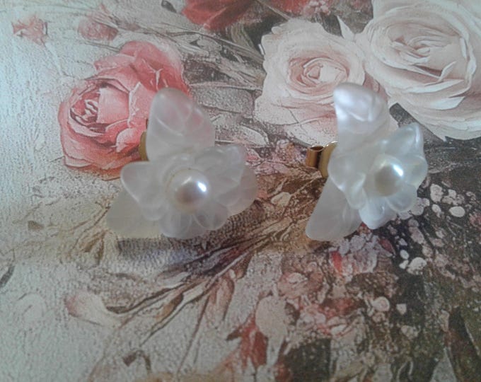 Avon Frosted Lucite and Faux Pearl Orchid Floral Post Back Earrings