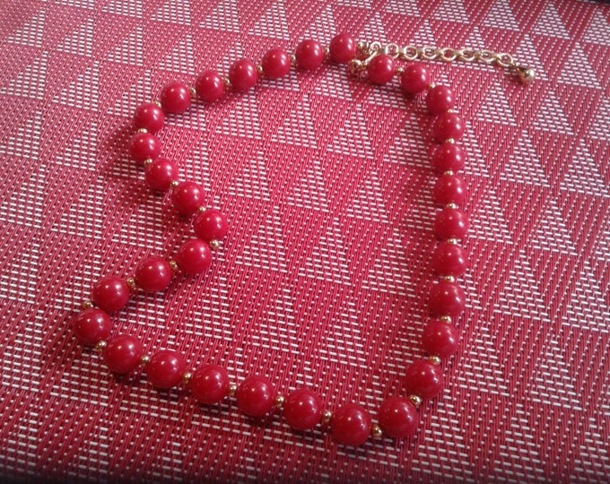Monet Christmas Red and Goldtone Beaded Necklace with Adjustable Hook Closure and Signed Hangtag