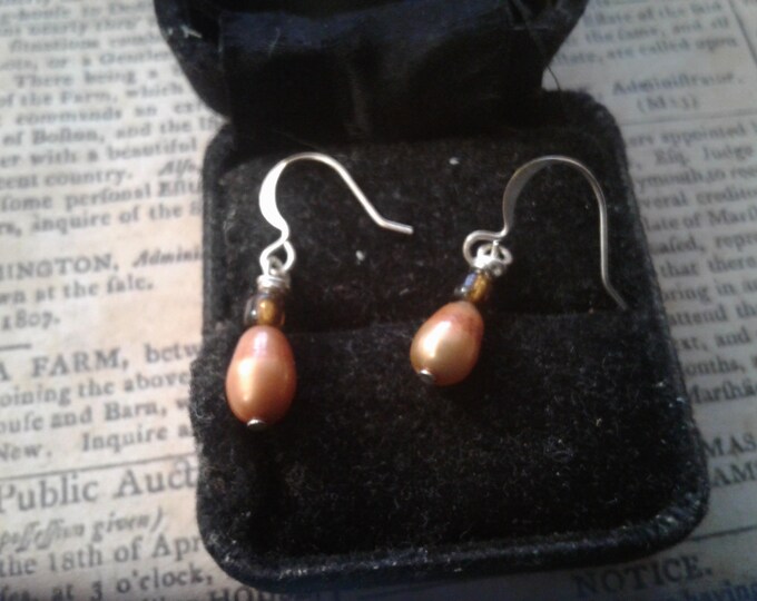 Small Orange Dyed Freshwater Pearl and Glass Grunge Drop Earrings, Possible Silver Hooks