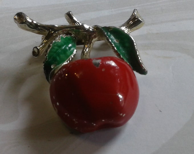 Gerrys Red Enamel Apple on Branch Pin, Signed