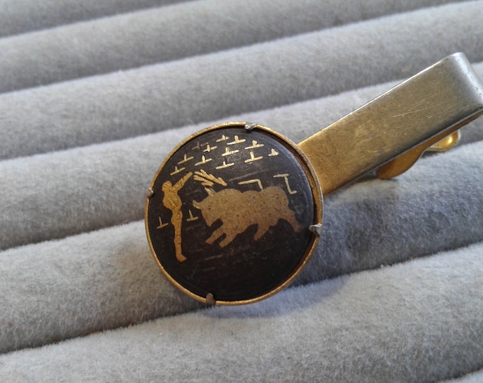 Vintage Damascene Tie Clip with Bullfighting Scene