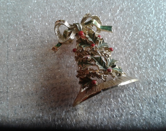 Gerry's Articulated Dangling Open Christmas Bell Made of Holly Pin in Goldtone and Red and Green Enamel Paint, Signed