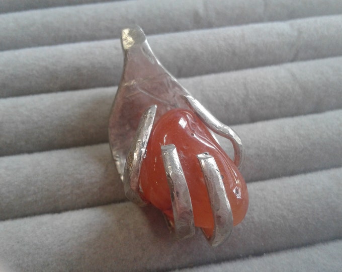 Silvertone Fork Hand Clutching a Carnelian Pebble, Artisan Pendant