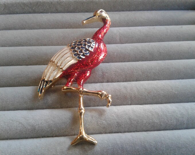 Large Goldtone and Multicolored Enamel Crane Brooch