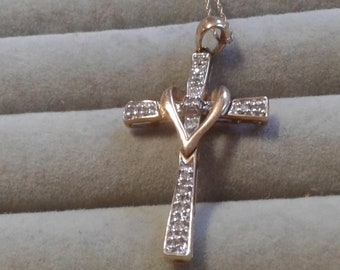 14K Solid Yellow Gold and Diamond Cross on Gossamer Weight 18" Cable Chain, Marked