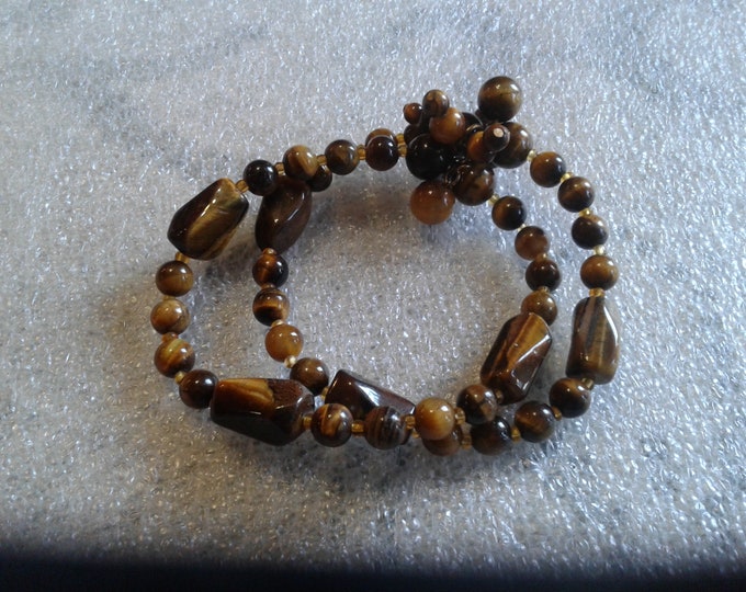 Double Row Tiger's Eye Beaded Stretch Bracelet with Dangling Cluster