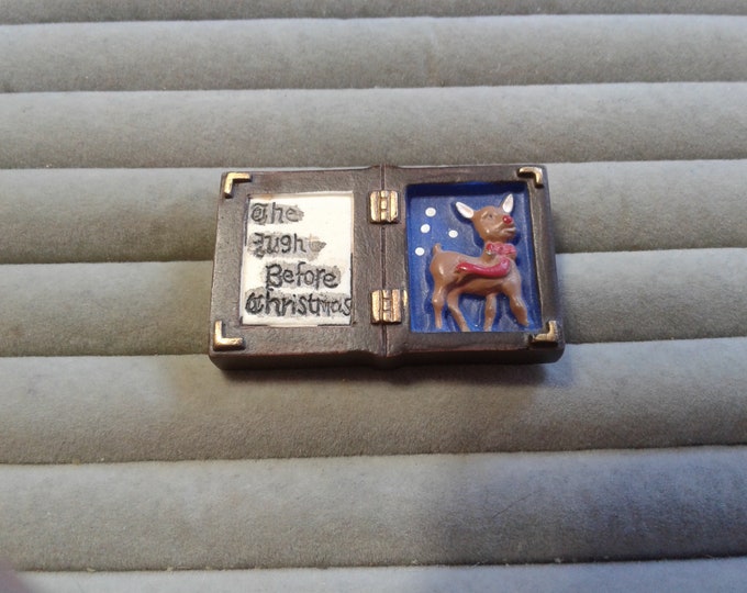 Cast Resin Night Before Christmas Pin in the Shape of a Book with a Reindeer in Scarf