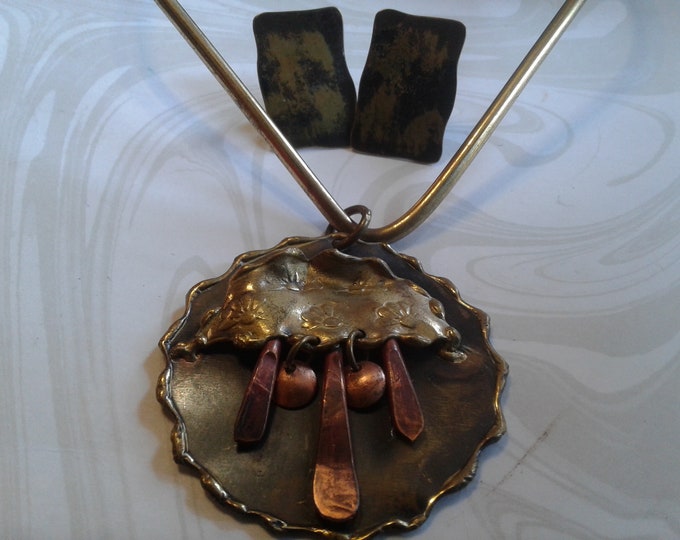 Brutalist Brass and Copper Artist Made Neckwire with Pendant and Clip On Earrings