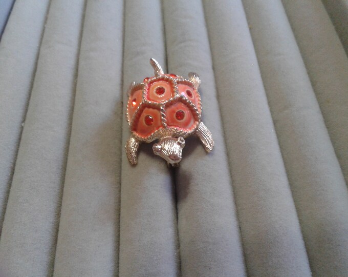 Goldtone Turtle with Orange Enamel and Rhinestone Brooch