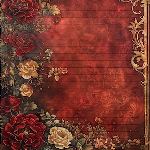 Op de afbeelding: Vintage-stijl briefpapier met een rode achtergrond en gouden accenten. Het papier heeft een bloemmotief met rode en witte rozen en een gouden, sierlijke rand.