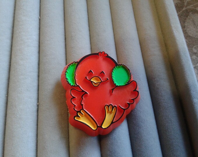 Hallmark 1981 Red Bird Wearing Green Earmuffs, Signed and Dated