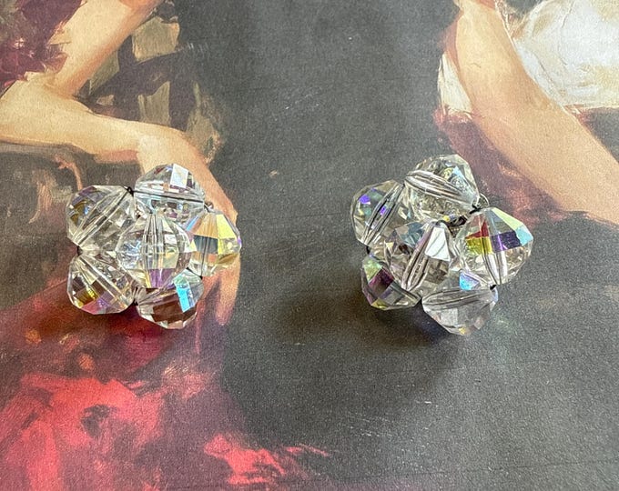 Laguna Aurora Borealis Floral Cluster Crystal Beaded Clip On Earrings, Signed