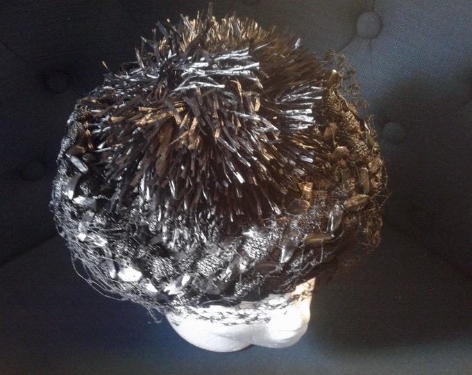 Black Raffia Fifties Tam O'Shanter Pillbox Hat with Pom Pom, Veiling, and Hatpin, No Label