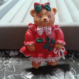 Hallmark Teddy Bear Pin: Red Dress, Holly, Novelty Brooch