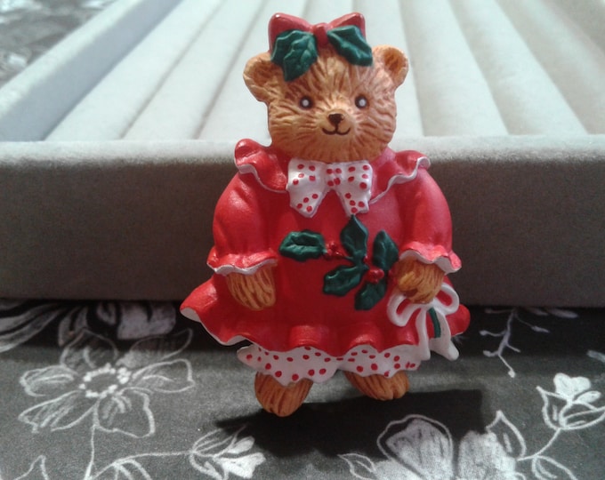Hallmark Little Girl Teddy Bear in Red Dress with Holly Painted and Molded Plastic Novelty Pin, Signed