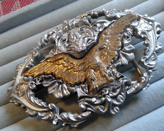 EJC 1998 Brass Eagle on Diamond Cut Foliate Motif Pewter Belt Buckle, Signed and Dated, Made in USA
