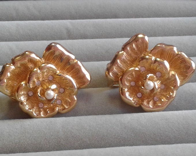 Christian Dior Open Rose Clip On Earrings in Goldtone with Faux Pearl and Rhinestone, Signed