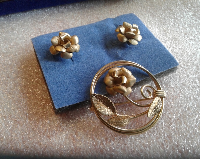 Amco 14KGF Rose Brooch and Screwback Earrings Set, Signed and Marked