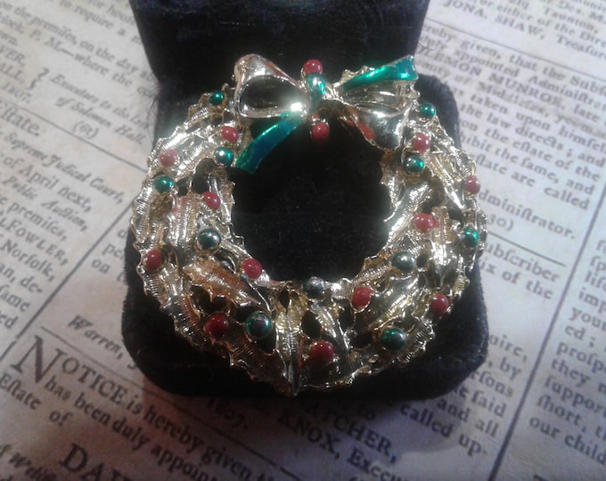 Goldtone Wreath Brooch with Red and Green Enamel Accents