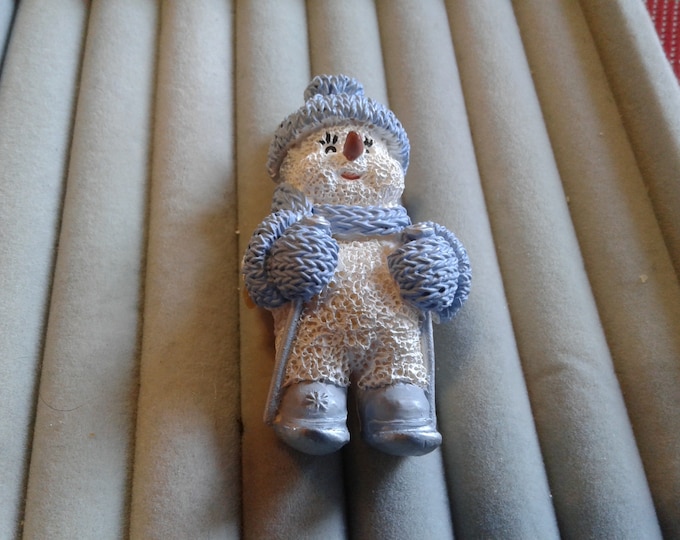 Painted Cast Resin Skiing Snowman with Blue Accessories Brooch Pin