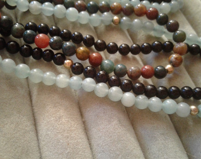 Set of Three Beaded Semi Precious Stone Necklaces, Onyx, Jasper, and Aventurine with Small Gold Beads, Likely 14K