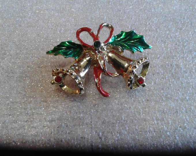 Christmas Bells with Holly and Bow Brooch in Goldtone, Enamel Paint, and Rhinestones