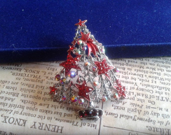 Silvertone and Red Rhinestone with Painted Accent Christmas Tree with Shooting Star Brooch