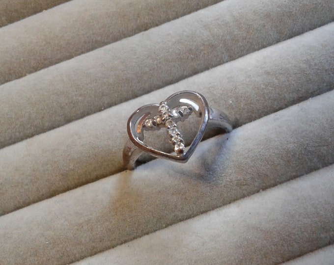 Cubic Zirconia Silvertone Cross in Heart Ring, Size 8