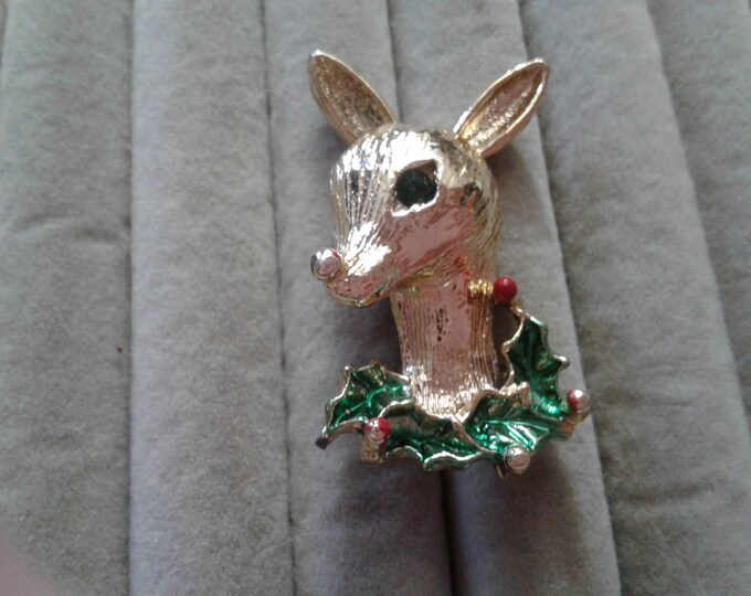 Gerrys Big Eyed Baby Deer with Sprig of Holly Christmas Pin, Signed