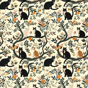 May include: A seamless pattern featuring black and white cats, orange and white cats, and a variety of flowers and foliage on a cream background.