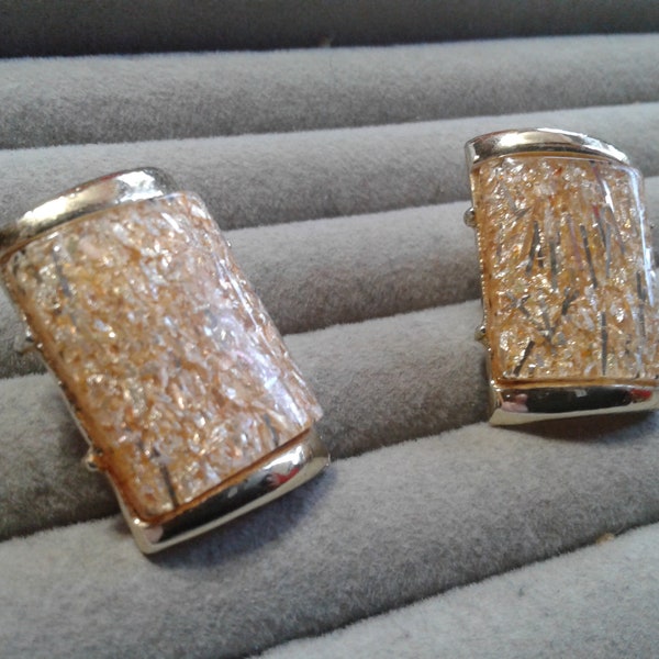 Golden Confetti Lucite Cylindrical Clip On Earrings