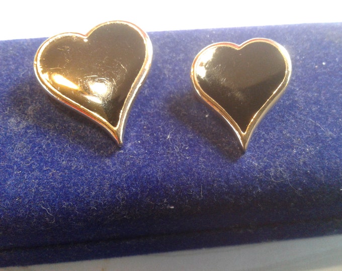 Sarah Coventry 1976 "Black Magic" Pair of Goldtone and Black Enamel Heart Pins, Large and Small, Signed